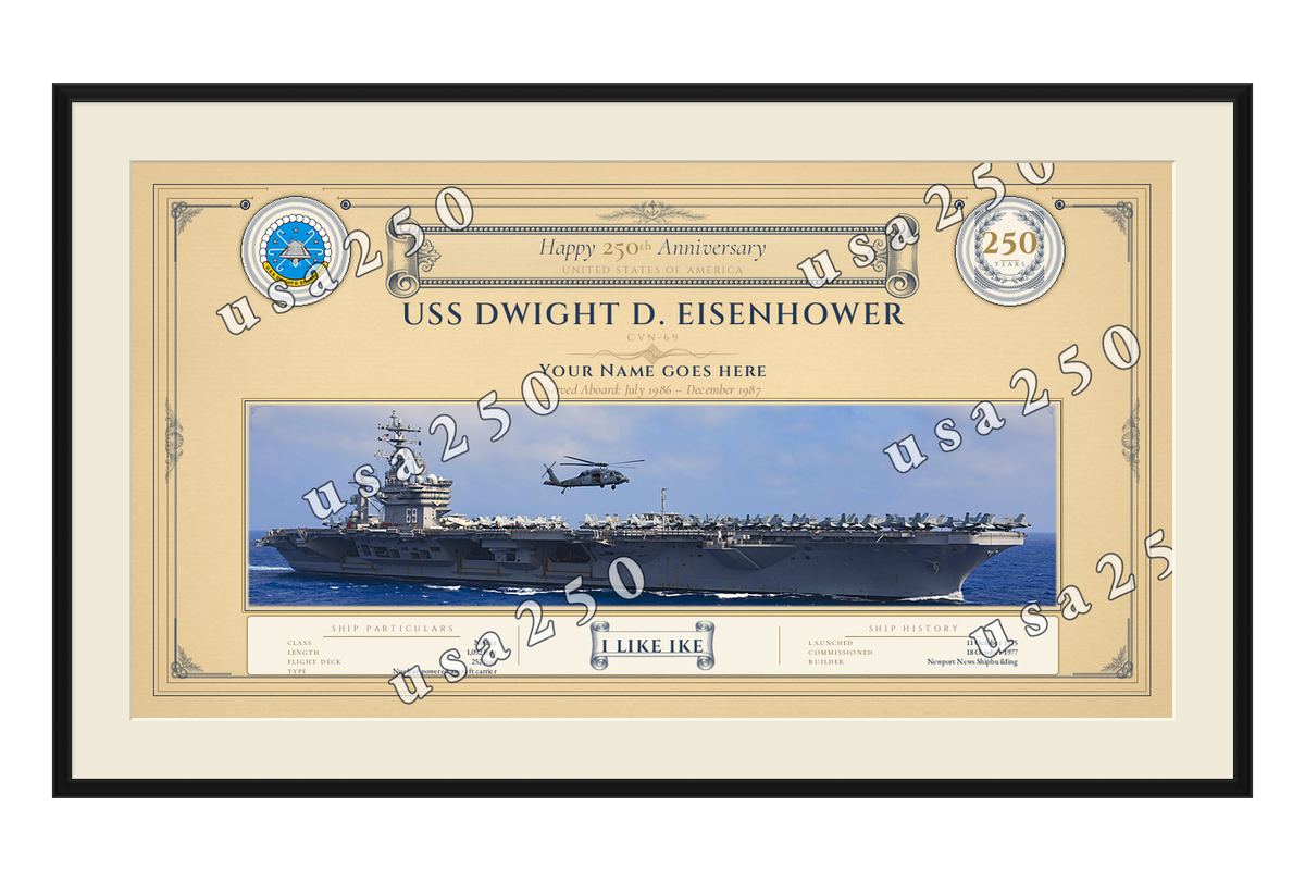 Approved USS Dwight D. Eisenhower CVN-69 commemorative print with carrier photograph, ship crest, 1776–2026 anniversary medallion, and sample personalization