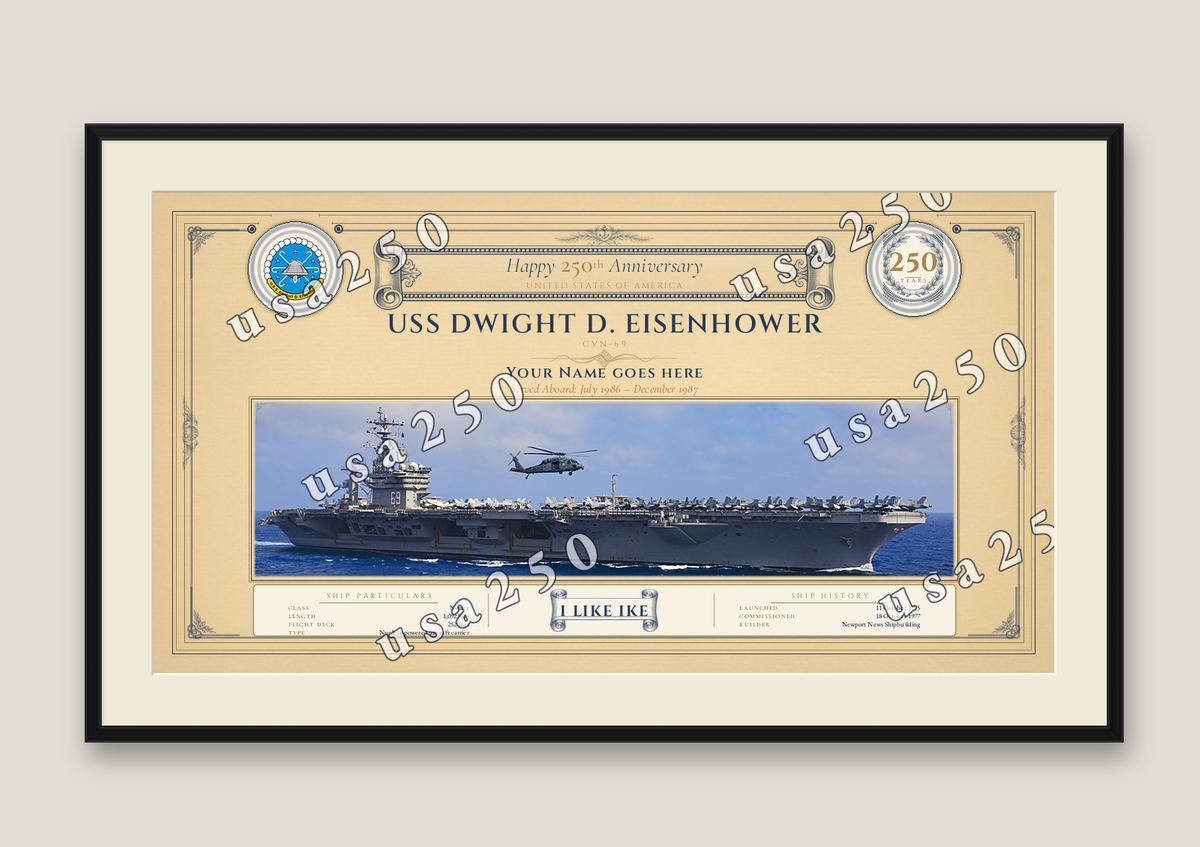 Watermarked framed Eisenhower print on a gallery wall